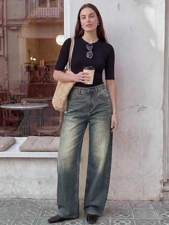 Barrel Jeans for Women, High Waisted Stretchy Trendy Wide Leg Jeans Relaxed Fit Baggy Boyfriend Denim Pants