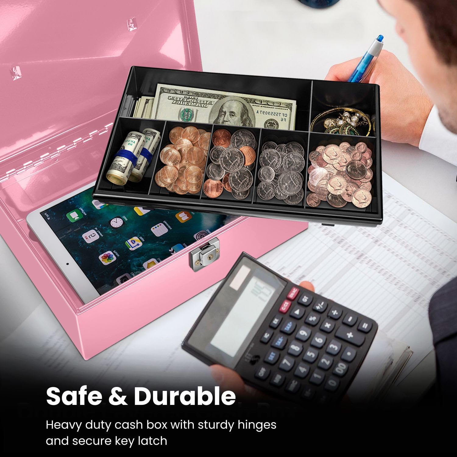 Flexzion Cash Box with Money Tray and Lock - Metal Money Box for Cash Storage with Secure Latch Lock & Key - Pink Petty Cash Box with 7 Compartment Money Tray for Small Businesses, 11x7.7x3.5 Inches