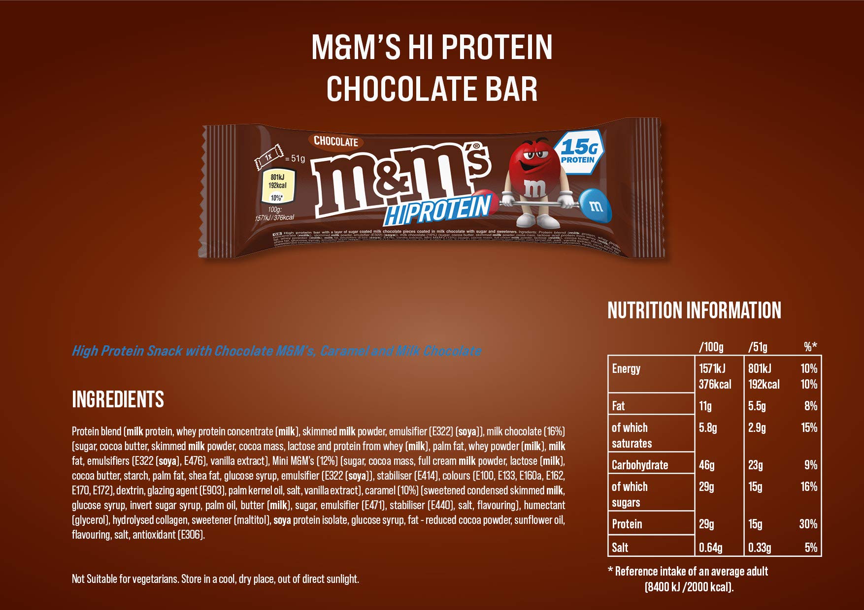 M&M's Hi Protein Chocolate Bar (12 x 51g) High Protein Snack with