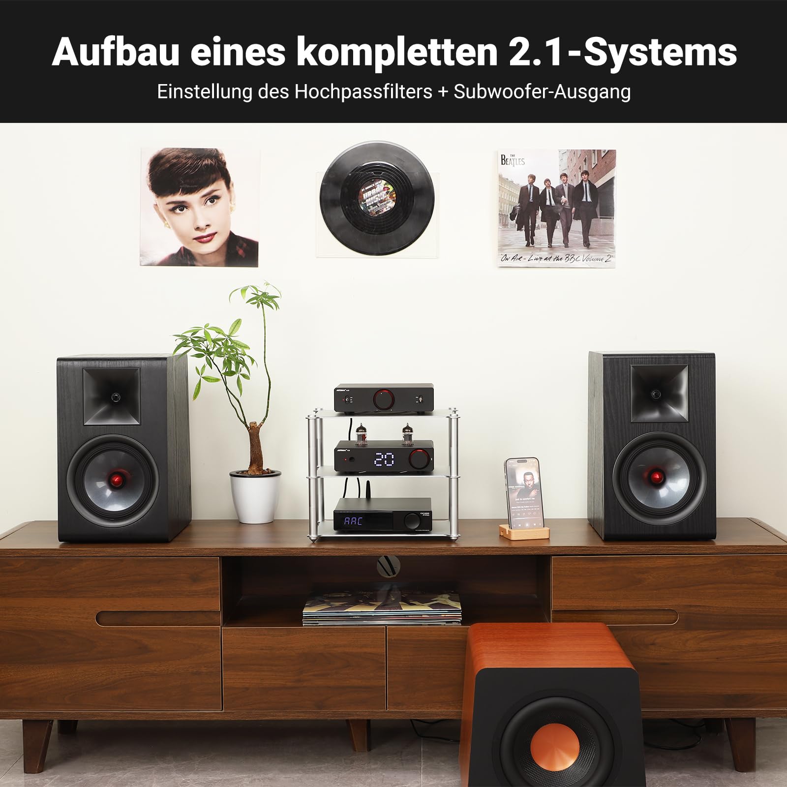 AIYIMA A20 Symmetrischer Stereoverstärker mit HPF-Einstellung Home HiFi 2.0/2.1 TPA3255 Desktop-Verstärker der Klasse D PFFB mit Cinch-/XLR-Eingang und 12-V-Trigger-Eingang für Passive Lautsprecher