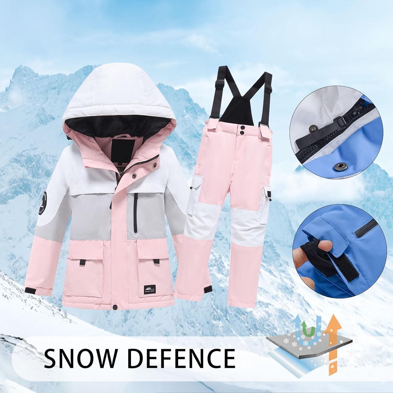 Girls Snowsuit 2 Piece Insulated Hooded Ski Jacket and Snow Bib Set Kids Thickened Windproof Waterproof Coats Overalls