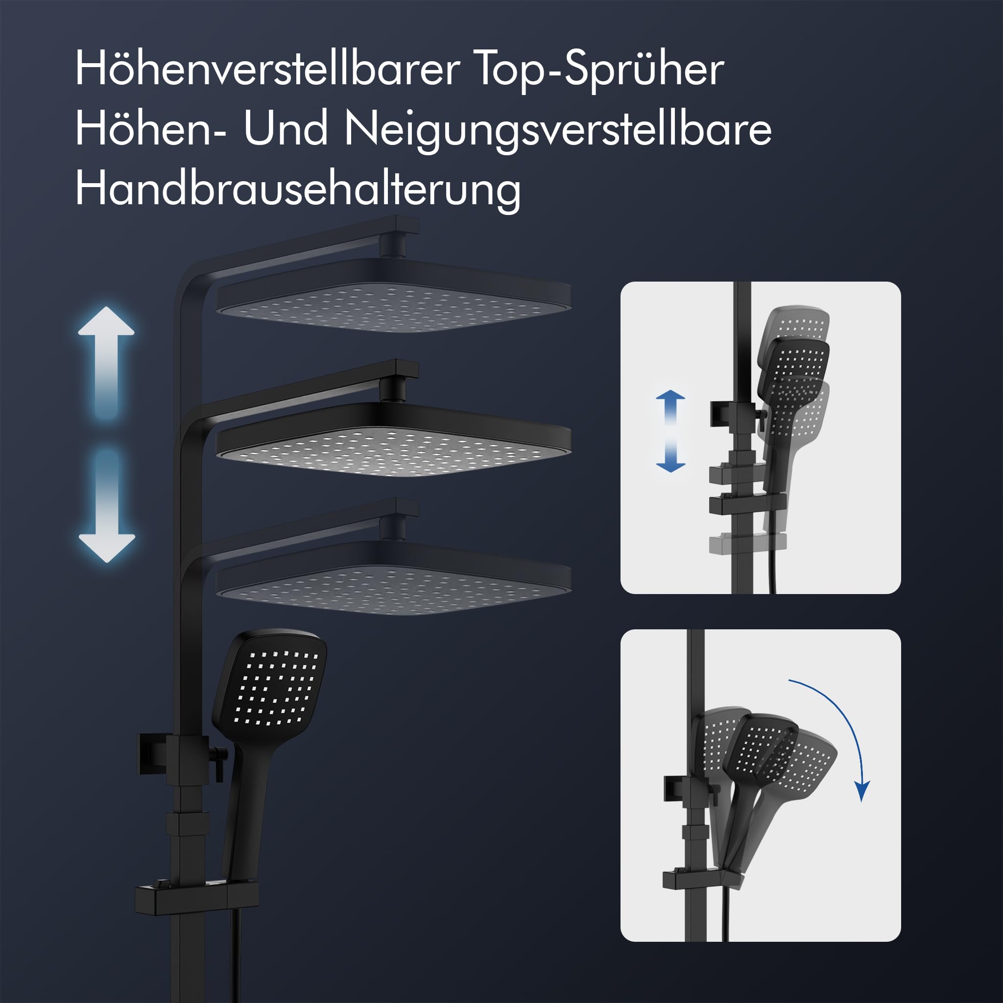 HOMELODY Duschsystem mit Thermostat & Duschablage Schwarz - Duscharmatur Komplettset mit Handbrause & Kopfbrause - Höhenverstellbar, 38 °C Sicherheitssperre, Wandmontage für modernes Badezimmer