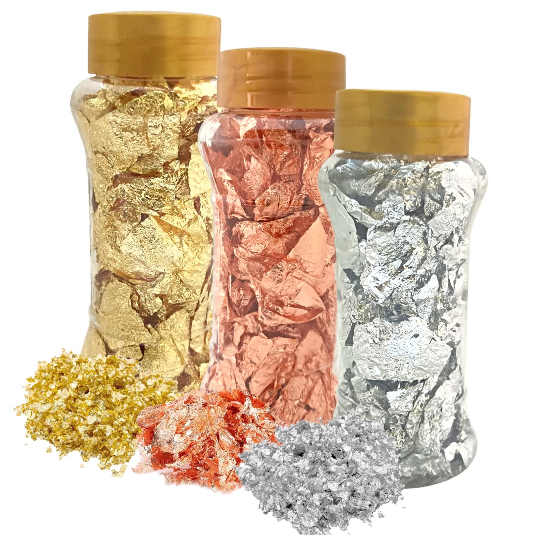 Husaini Mart 1 Golden Flakes 1 Rose Gold foil Flake and 1 Silver foil Flake for Resin Decorating Cake Borders and Other Sweets Food Preparation Nail Polish (Pack of 3 Flakes)-picture-16