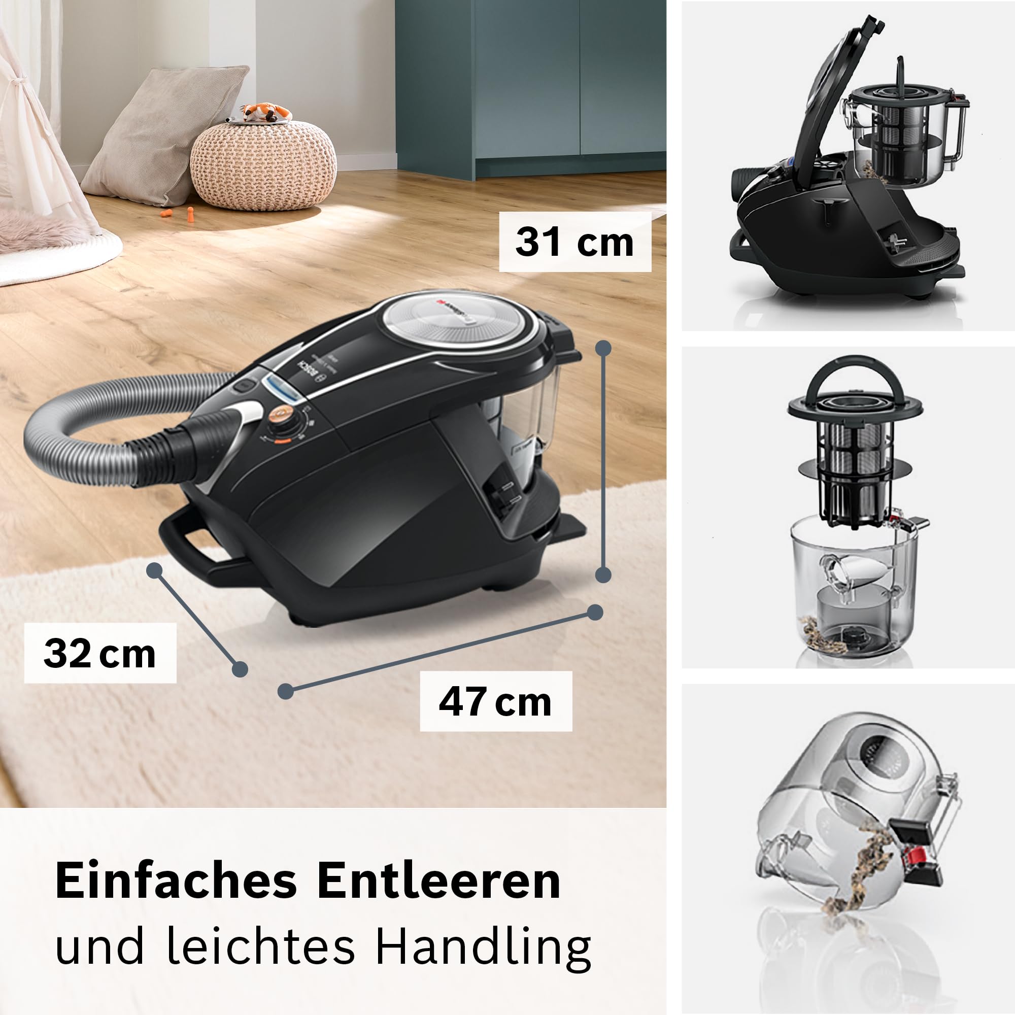 Bosch Staubsauger beutellos ProSilence Serie 8 BGS7MS64, Bodenstaubsauger, leise, Hygiene-Filter, Bodendüse für Parkett, Teppich, Fliesen, Starke Saugleistung, langes Kabel, 800 W, schwarz