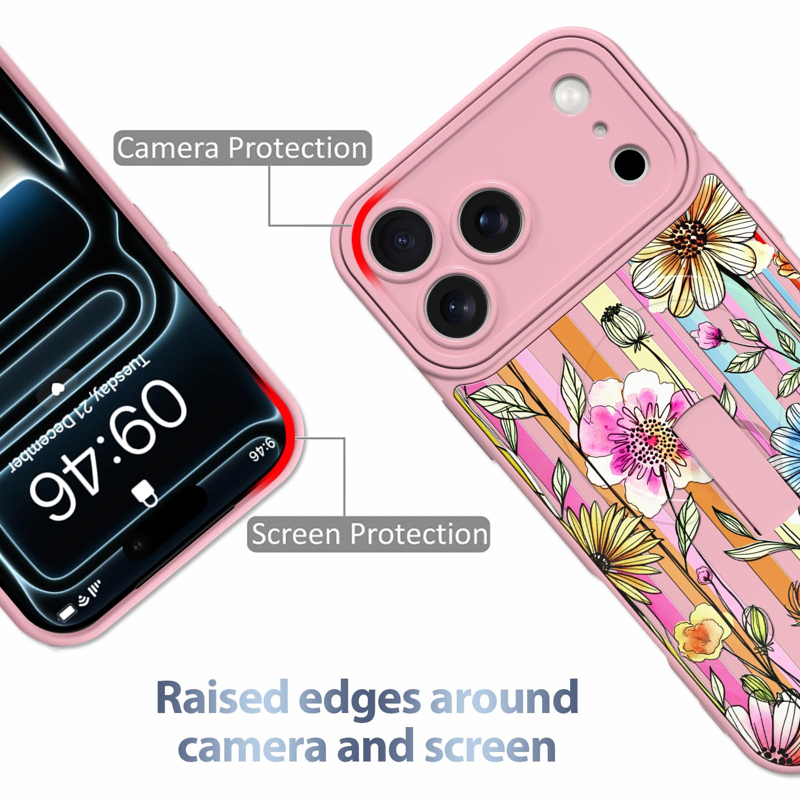 AIGOMARA Custodia magnetica per iPhone 17 Pro - Rosa, motivo floreale a | [Compatibile con MagSafe] Rosa Blu Disegno Fiore Colorato Morbido TPU Hard PC Back Anti-caduta Sottile Cover con Finger Strap