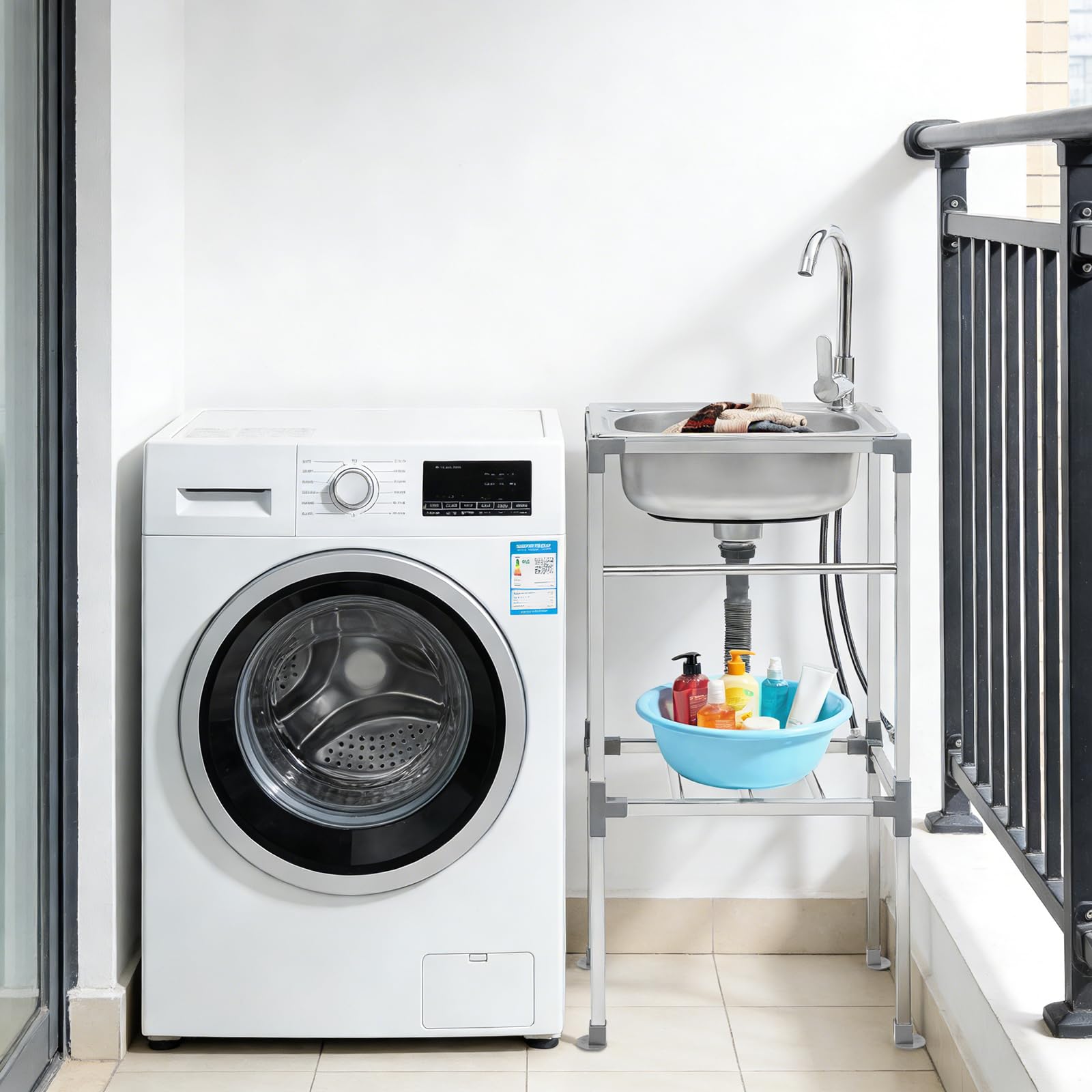 Fregadero de cocina moderno de acero inoxidable con dispositivo de drenaje y dispensador de jabón, orificio de instalación, uso universal para interiores, exteriores, cocinas, bares y restaurantes
