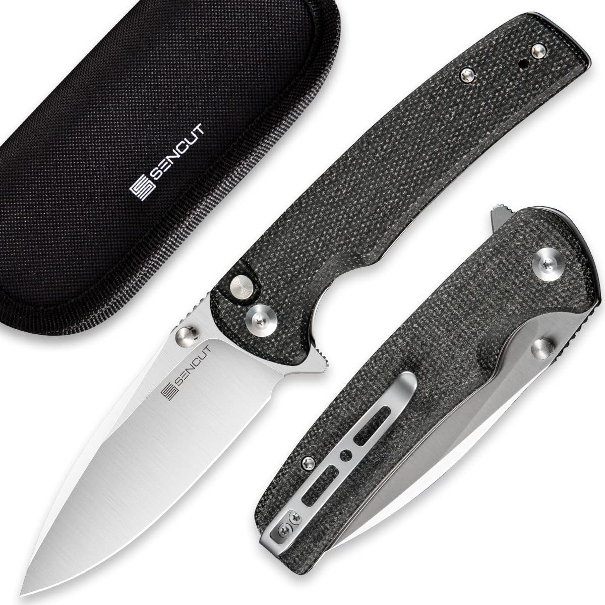 SENCUT Sachse Pocket Knife Folding Knife for EDC, Black Micarta Handle Satin 9Cr18MoV Blade Foldable Small Knife with Clip, Button Lock Everyday Carry Knife for Men Women Indoor Outdoor Gift S21007-1