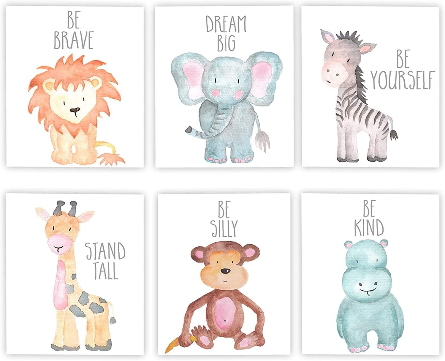 ENON Unframed Woodland Animals Art Print Adorable Lion Elephant Giraffe Monkey Zebra Hippo Paintings,Set of 6（21cm x 30cm） Canvas Cartoon Inspirational Wall Art for Kids Room Nursery Decor (Type C)