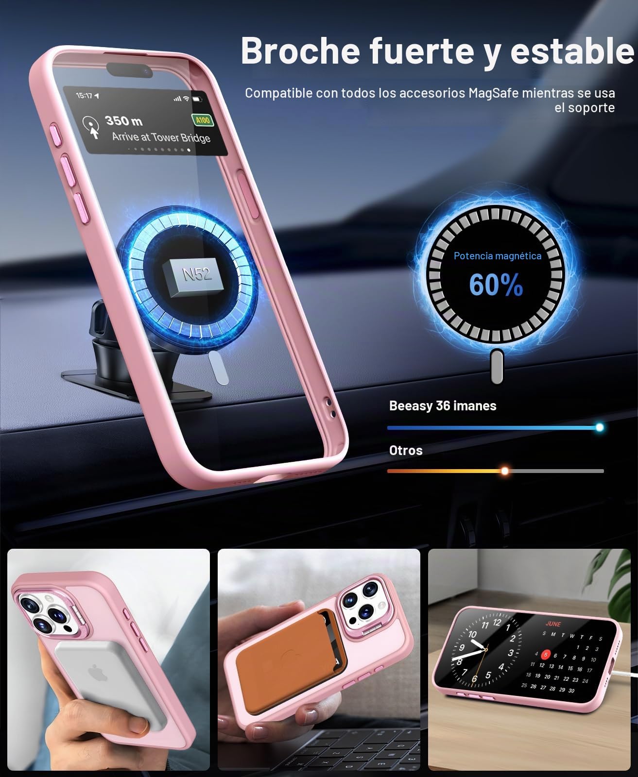 Beeasy Funda Magnética Para IPhone 15 Pro Max Con Soporte – Compatible Con MagSafe, 36 Imanes N52, Protección Militar, Incluye 2 Protectores De Pantalla (Blanco Translúcido)