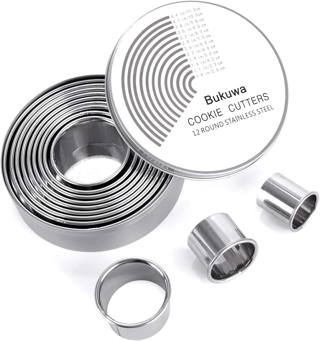 Bukuwa 12 Pcs Round Cookie Biscuit Cutter Set, Graduated Circle Cutters | 18/8 Stainless Steel, Pastry Cookie Cutters, Donut Cutter Ring Molds for Baking, Cooking, Gift