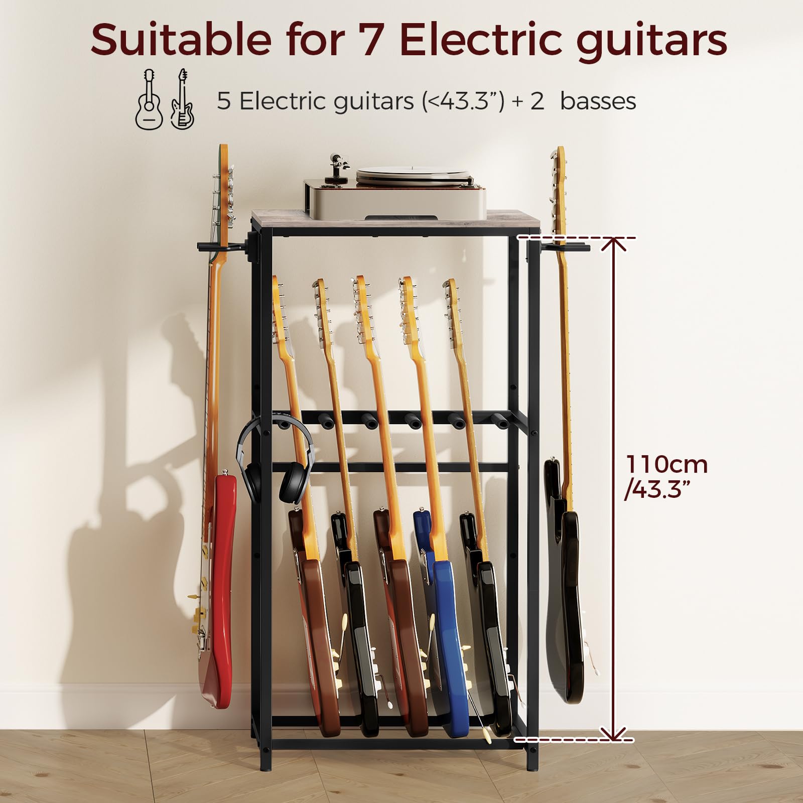 MAHANCRIS Support de Guitare, Stand Guitare à 2 Niveaux pour 5 Guitares, Idéal pour Entreposer Guitare Acoustique, Basse, Ukulélé, Tourne-Disque, Enveloppé de Mousse EVA, Gris AGSHG6501