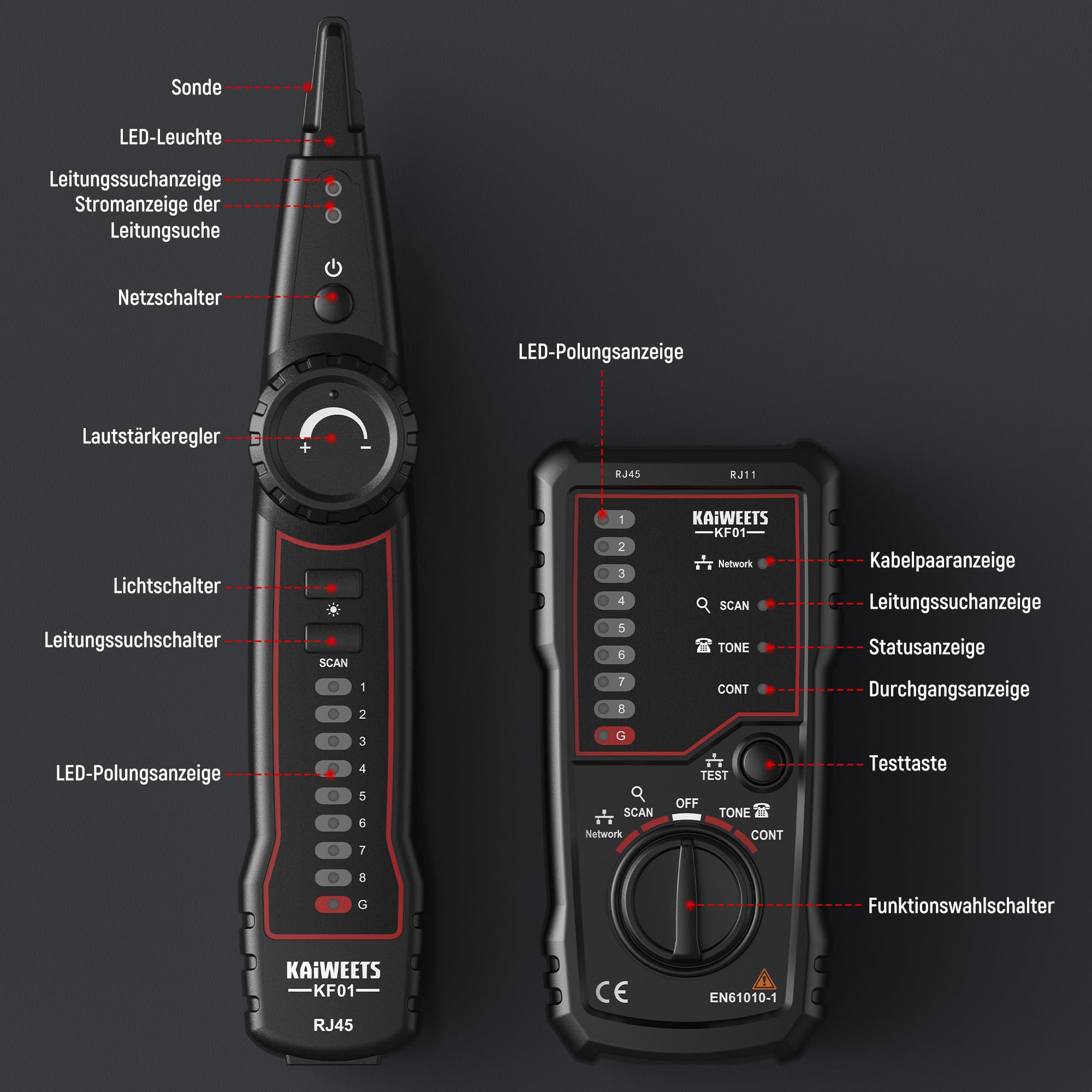 KAIWEETS netzwerktester – RJ45 RJ11 netzwerkkabel tester Telefonkabeltester,netzwerk kabeltester LAN-Kabeltester, geeignet für Kabelverfolgung, Telefonleitungstests und Durchgangsprüfungen