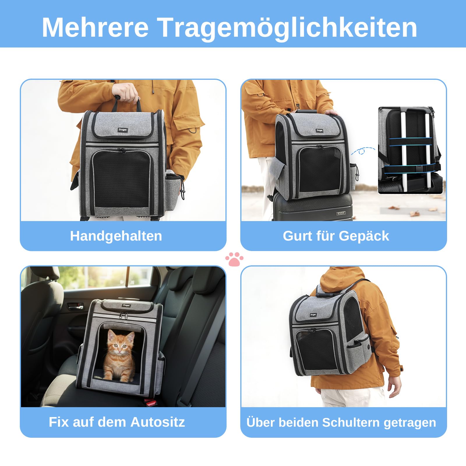 Mochila transportadora para Gatos, portátil Transpirable, Mochila Plegable para Transportar Mascotas, para Gatos y Perros medianos y pequeños, transportadora para, Gris | Ventana de malla transpirable, hasta 8 kg, 30 x 24 x 36 cm, para paseos diarios, sen