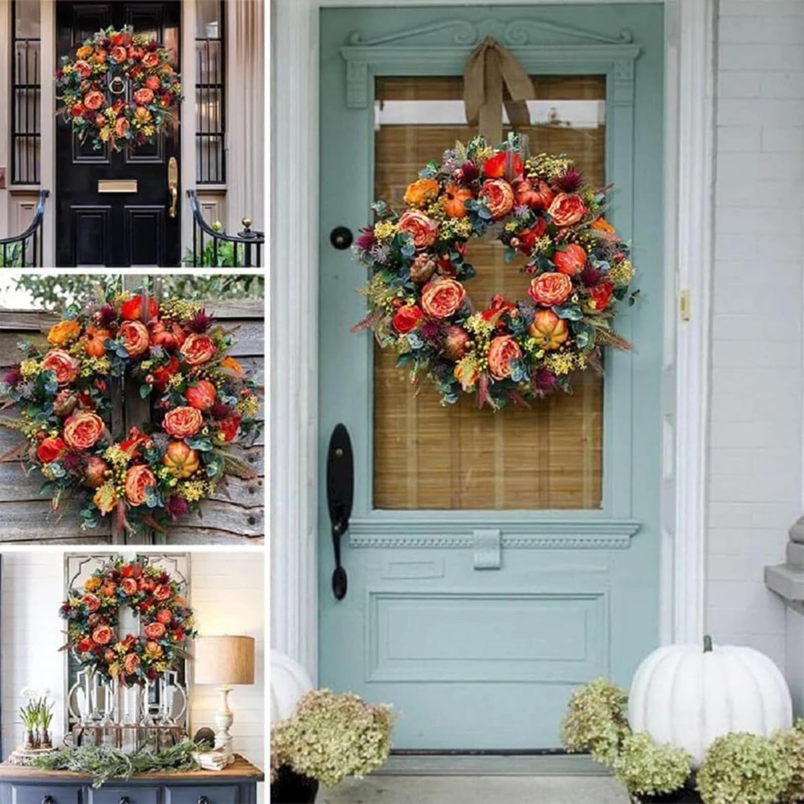 Ghirlanda Artificiale Autunnale Di Peonie E Zucche Da Porta D'entrata