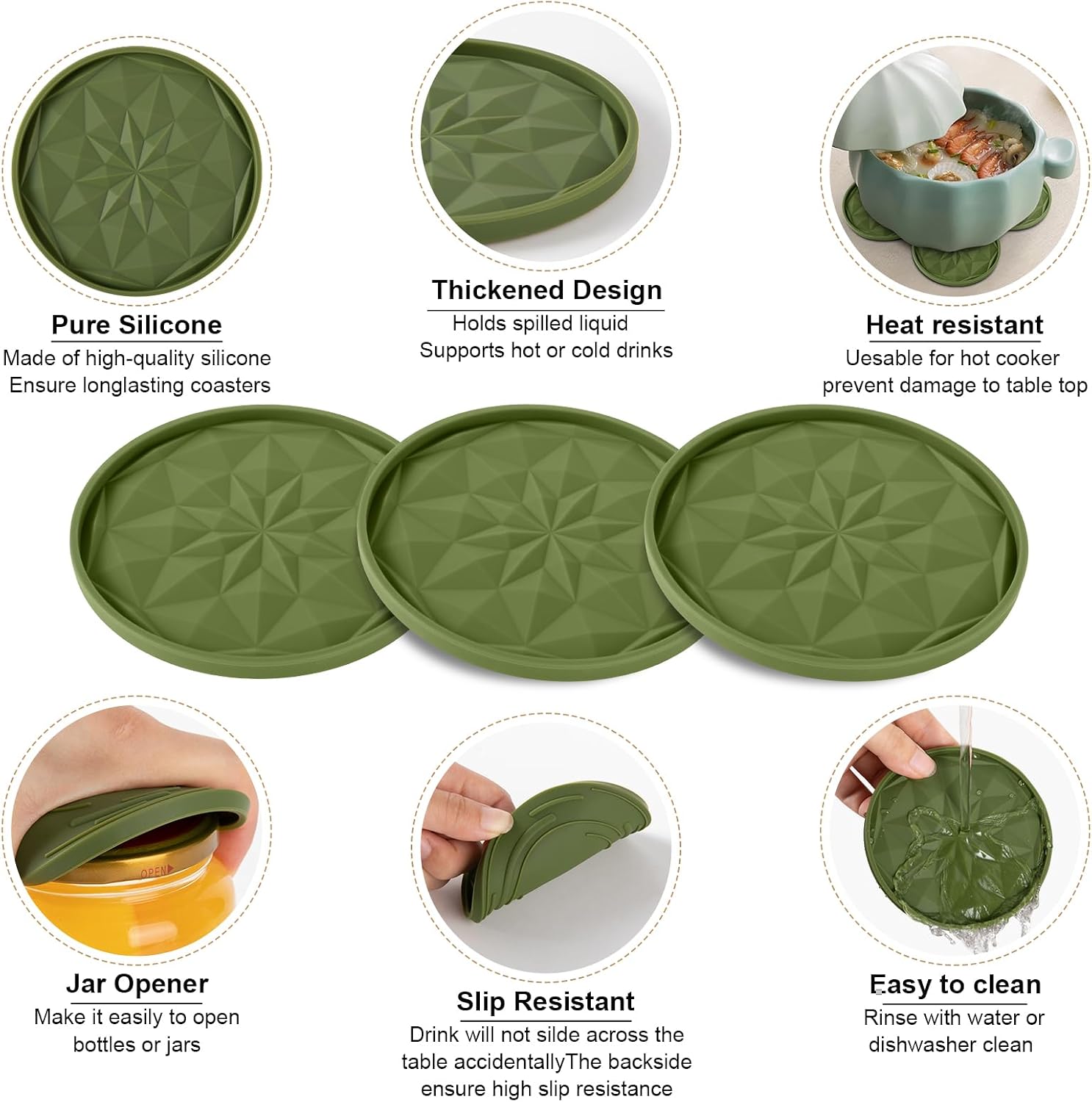 OIAHOMY 8 Pcs Coasters with Holder for Beer, Coffee, Silicone Coaster Set for Table Decor for Kitchen, Bar, Dining Room, Living Room, Housewarming Gifts - Green image 3