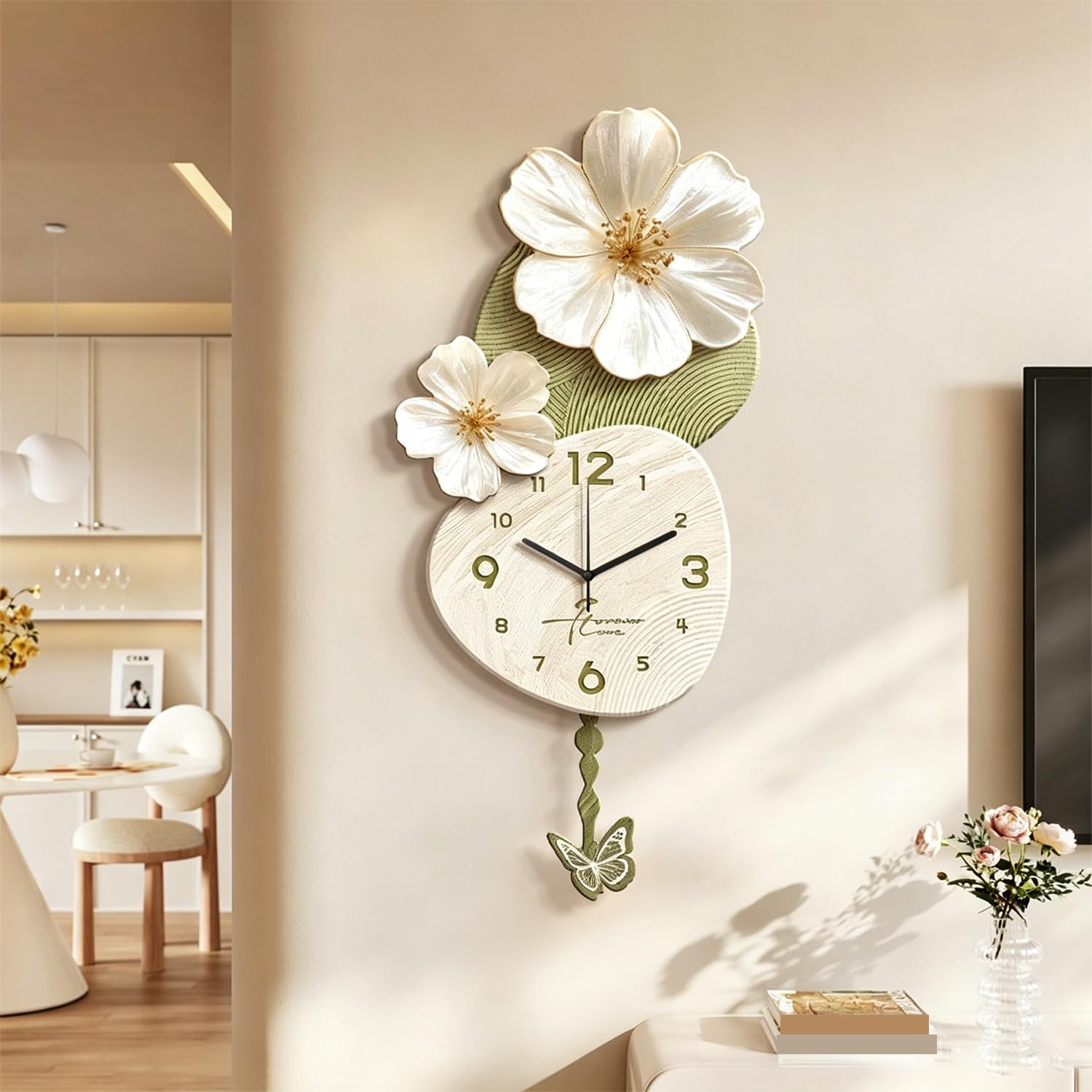 Horloge murale fleurs et décoration 3D en grès moderne pour salon et appartement de 31x65cm