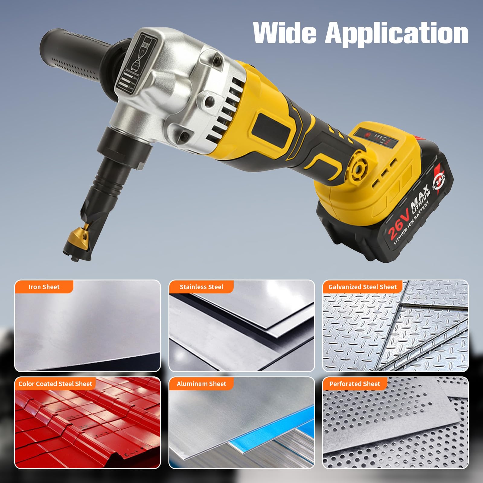 Grignoteuse de tôle compatible DeWalt 20 V, tête rotative 360°, 3 vitesses, moteur sans balais, acier inoxydable, aluminium