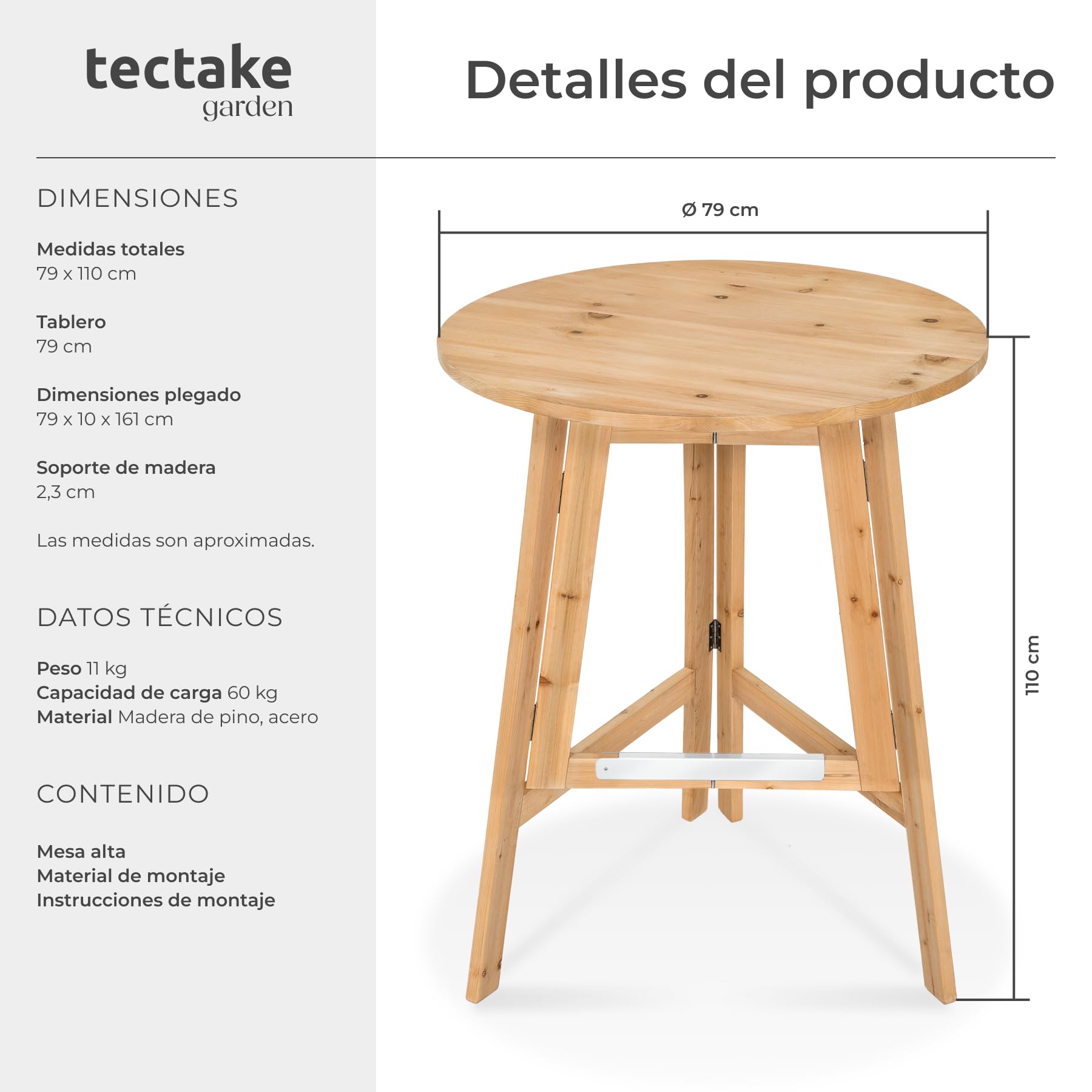 tectake® Mesa Alta Plegable de Madera Redonda con Barra de Metal para Mayor Estabilidad Mesa Alta Cocina Comedor Mesas Altas - 79 x 79 x 110 cm