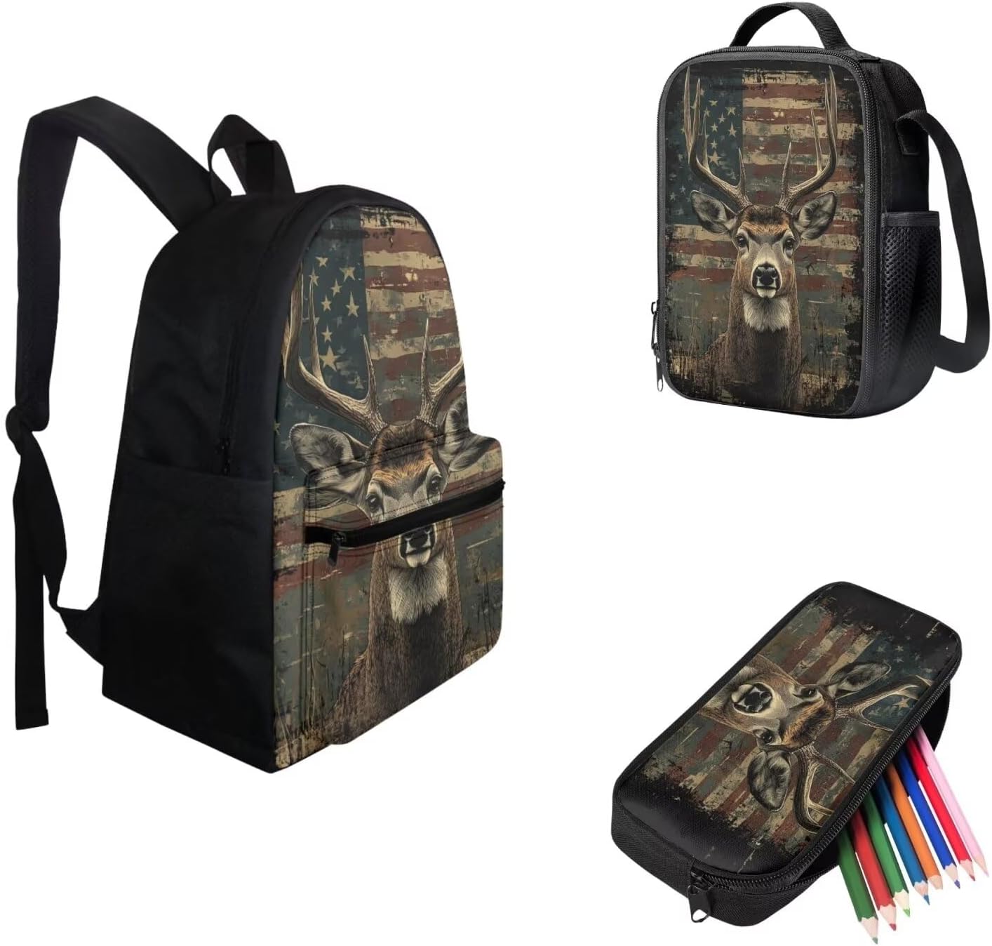 FKELYI Deer 15 Inch School Bags for Kids Boys Ages 3-6 Retro American Flag 3 Piece School Backpacks with Lunch Bag and Pencil Holder Set Front Zipper Pocket Bookbag Set