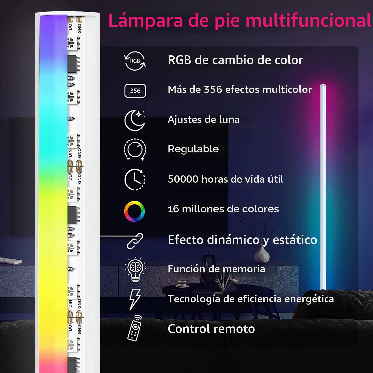 Lámpara de pie de esquina blanca, lámpara de esquina LED RGB inteligente con aplicación y control remoto, 16 millones de colores y más de 68 escenas, sincronización de música, ajuste de