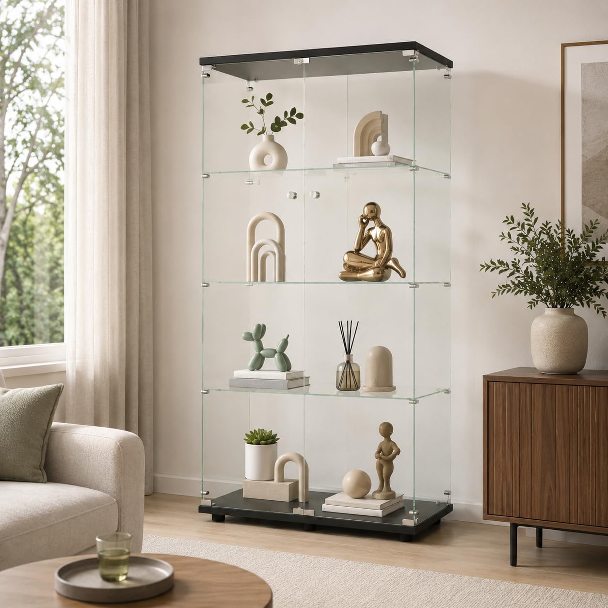 Vitrina de cristal con 4 estantes con puertas dobles, vidrio templado, armario Curio con cerradura, vitrina de colección, estantería de pie para sala de estar o dormitorio (negro sin luz)