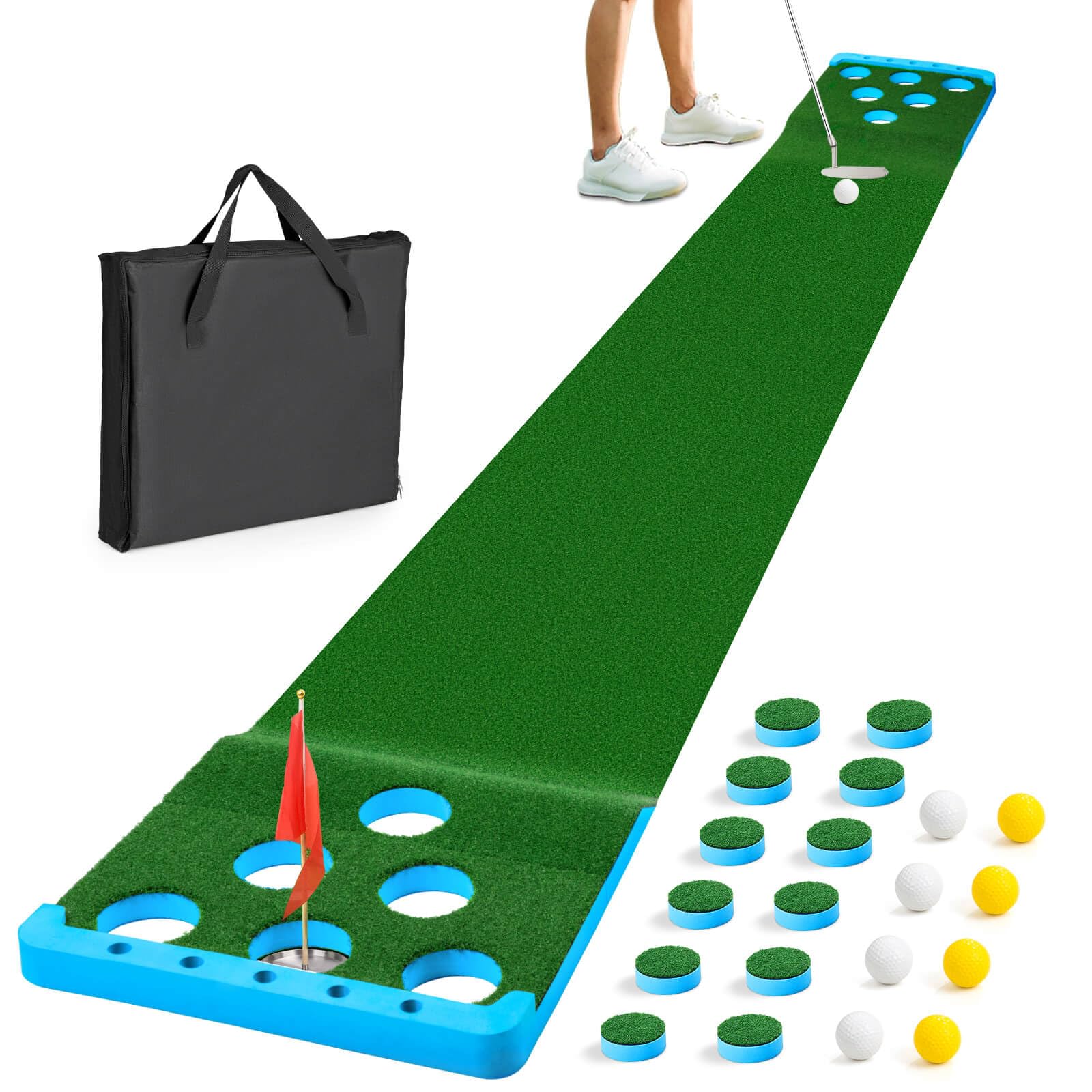 Golf Pong Putting Game Set with Front Border for Indoor & Outdoor, Golf Putting Green Mat Includes 8 Balls,1 Portable Bag,2 Flags and Cups, Practice Training Aid for Backyard, Party, Office