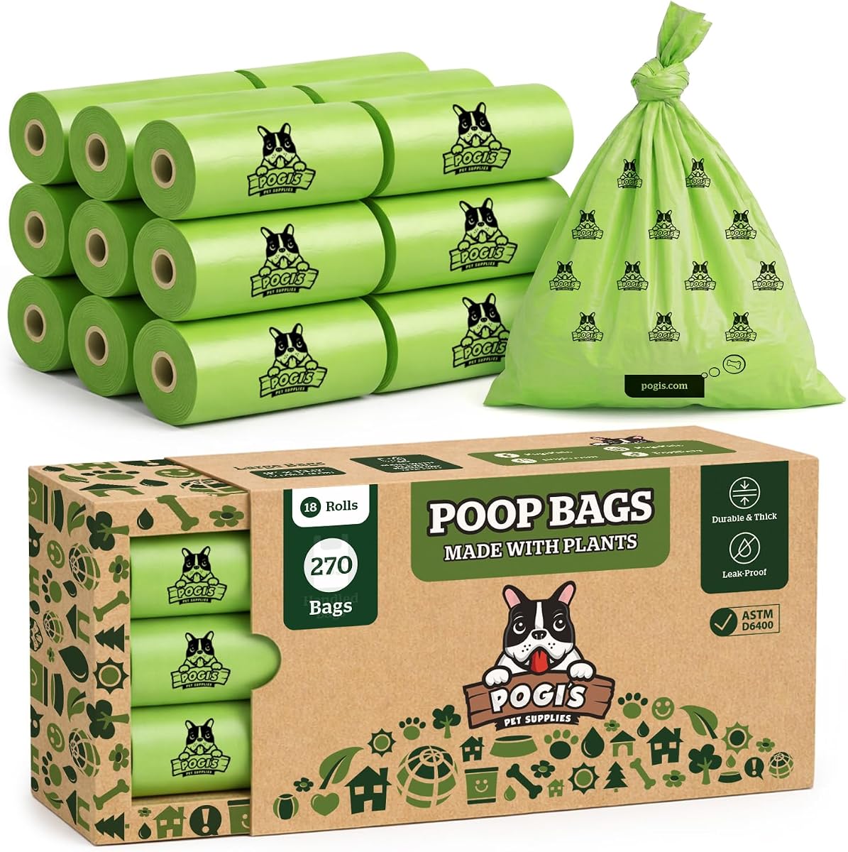 Pogi's Compostable Poop Bags – Leak-Proof, Extra-Large, Made with Plants – 18 Rolls (270 Bags)