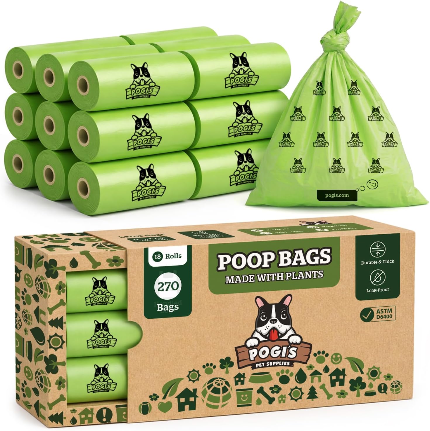 Pogi’s Compostable Poop Bags – Leak-Proof, Extra-Large, Made with Plants – 18 Rolls (270 Bags)