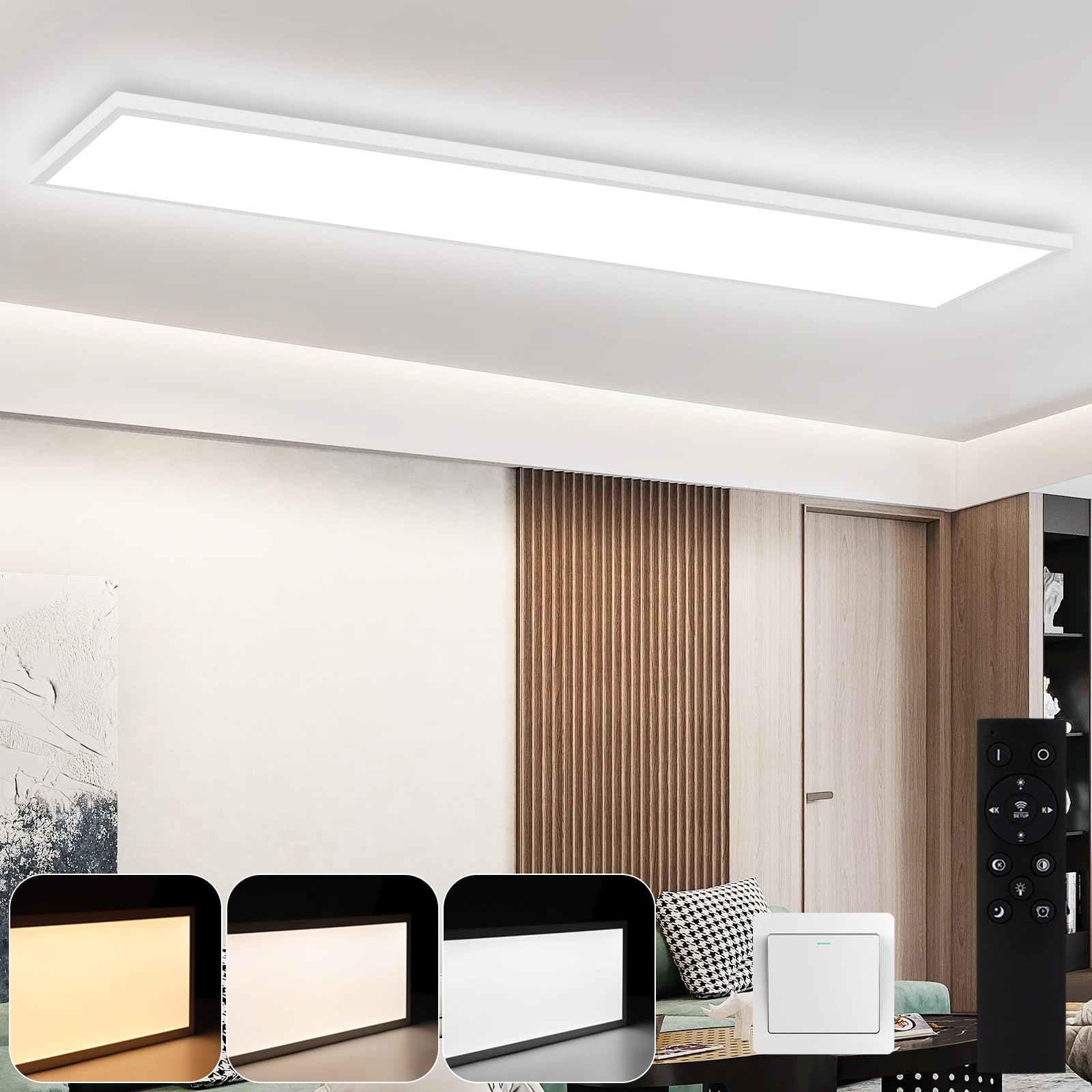 CBJKTX Deckenleuchte LED Panel Dimmbar - Deckenlampe Lang 100x25CM mit Fernbedienung Küchenlampe Flach 42W Tageslichtlampe Modern Bürolampe Weiß Deckenpanel für Büro Küche Schlafzimmer Flur