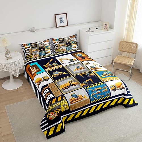 Miniatura 4 de Juego de edredón de dibujos animados de camiones, tamaño Queen, edredón de plumón de excavadora de tractor grúa para niños, ropa de cama kawaii,