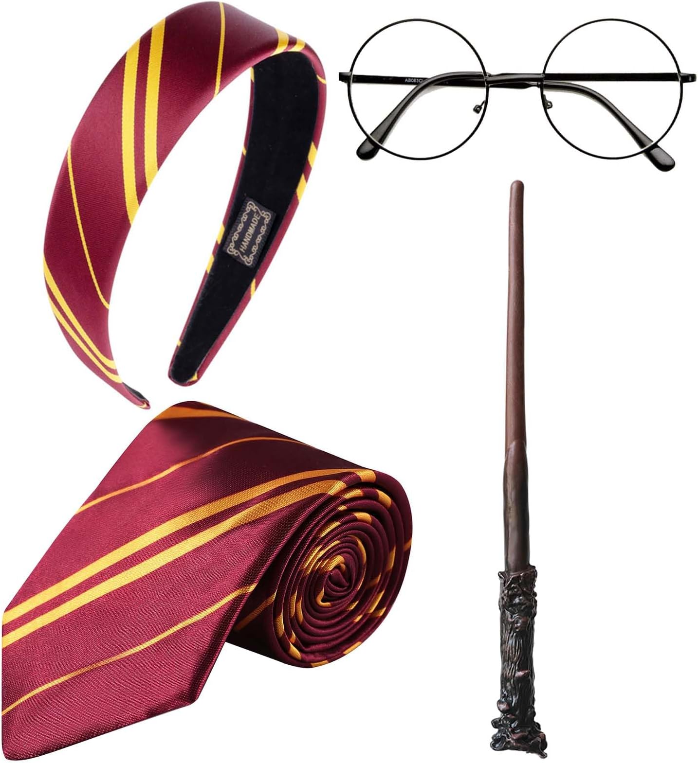 4 Pcs Wizard Costume Accessory Include Wizard Retro Round Glasses Wizard Wand Wizard Striped Headband and Wizard Striped Tie for Magician Outfit Halloween Pretend Play Party Fancy Dress
