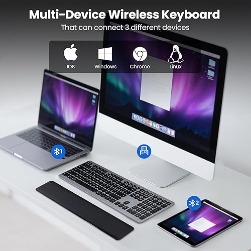 Miniatura 3 de Teclado inalámbrico, teclado Bluetooth con reposamanos de cuero, retroiluminación, emparejamiento multidispositivo, USB C recargable, para Windows,