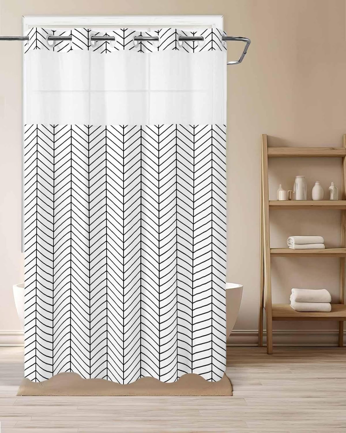 White Shower Curtain with No Hooks Snap in Liner, Zig Zag Herringbone Chevron Geometric Print Waterproof Shower Curtains, Top See Through Window for Bathroom Hotel Farmhouse Decor 36" W x 72 " L