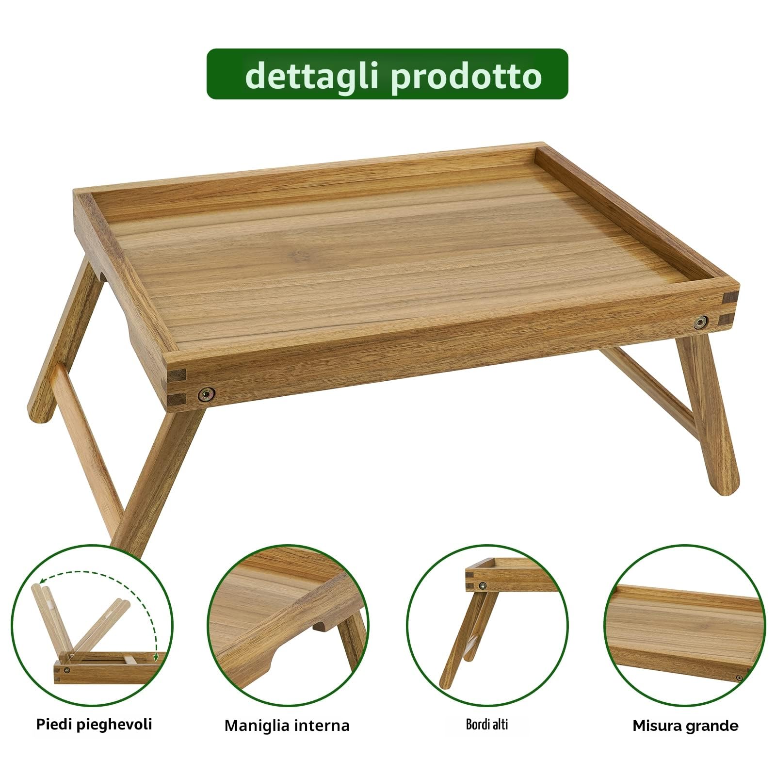 VaeFae Tavolino da letto in acacia, vassoio in legno con gambe pieghevoli, vassoio per mangiare e laptop, vassoi per mangiare per camera da letto