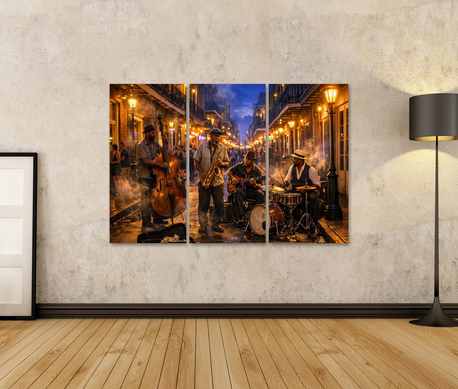 islandburner Quadro su tela, motivo: musica jazz vivace sulla strada, per gli amanti della musica, 3 pezzi
