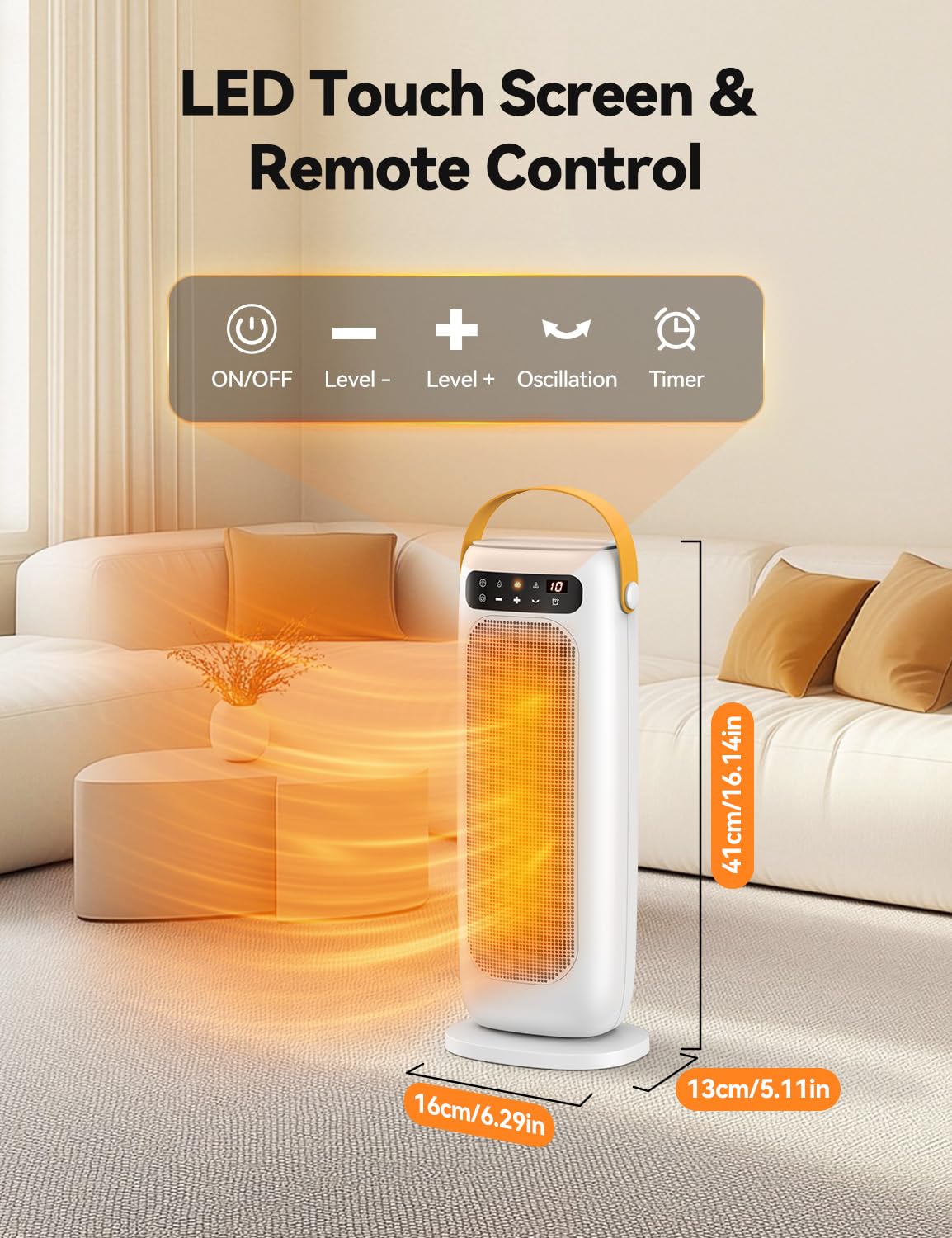 Calefactor Bajo Consumo, 1500W PTC Calefactor Ceramico Electrico, 4 Modos con Control Remoto, Protección Contra Sobrecalentamiento y Vuelco, Temporizador de 1 a 10 h, para Oficina, Dormitorio y Casa