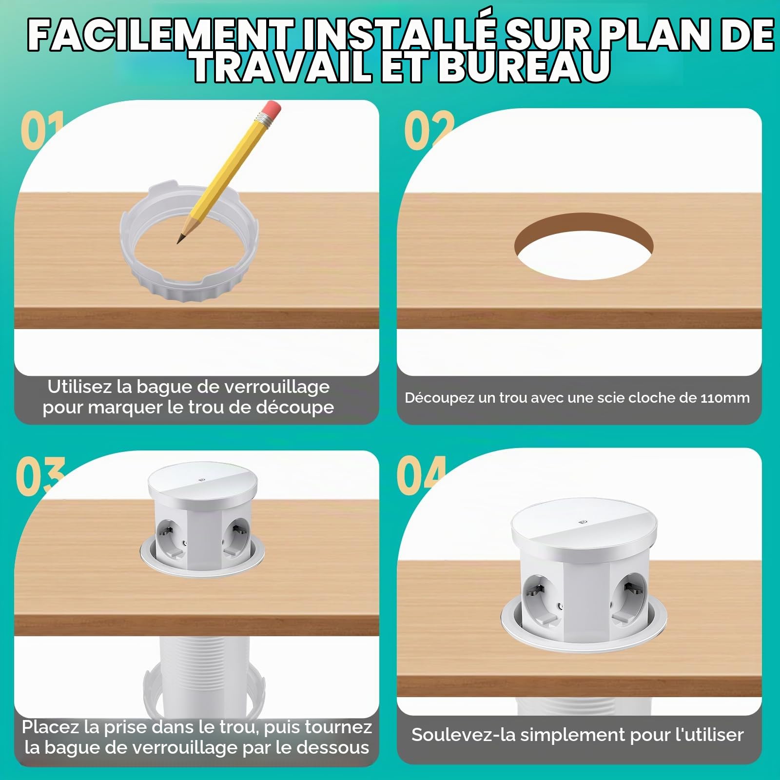 Bloc Prise Encastrable Plan de Travail Multiprise Encastrable, Prise de Table Escamotable 3 Prises avec 1 USB C 1 USB A - Table Rétractable - avec Chargeur sans Fil (Blanc)