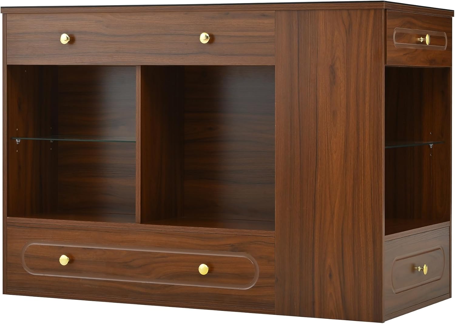 Merax Closet Island with 6 Drawers Wardrobe Armoire Bedroom Island with Glass Top and Open Shelves 47.3" Jewelry Storage Vanity Island with Compartments, Cloakroom Walk-in Closet Island (Walnut)