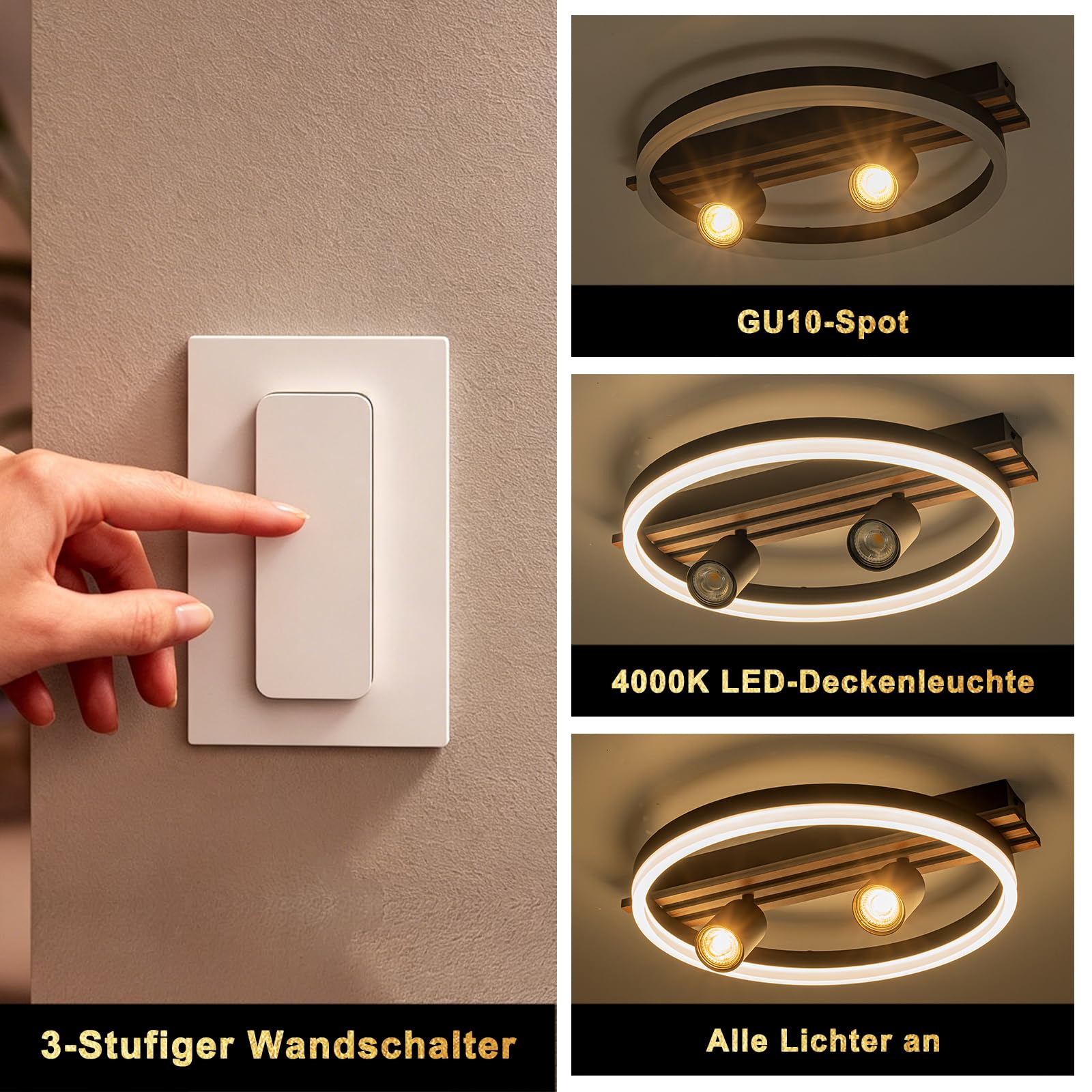 LED Deckenleuchte für Schlafzimmer, 48x40cm schwebender Ring | mit 2x GU10 Strahlern (ohne Leuchtmittel), Holzmaserung, 16W 4000K Neutralweiß, Energieklasse B, Ideal für Flur