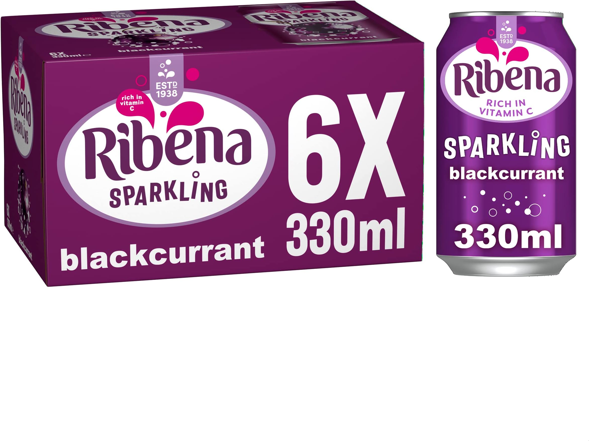 Ribena Sparkling Blackcurrant Multipack - 6x330ml cans | Real Fruit | Rich in Vitamin C | No Artificial Colours or Flavours | Carbonated | Bursting with Flavour