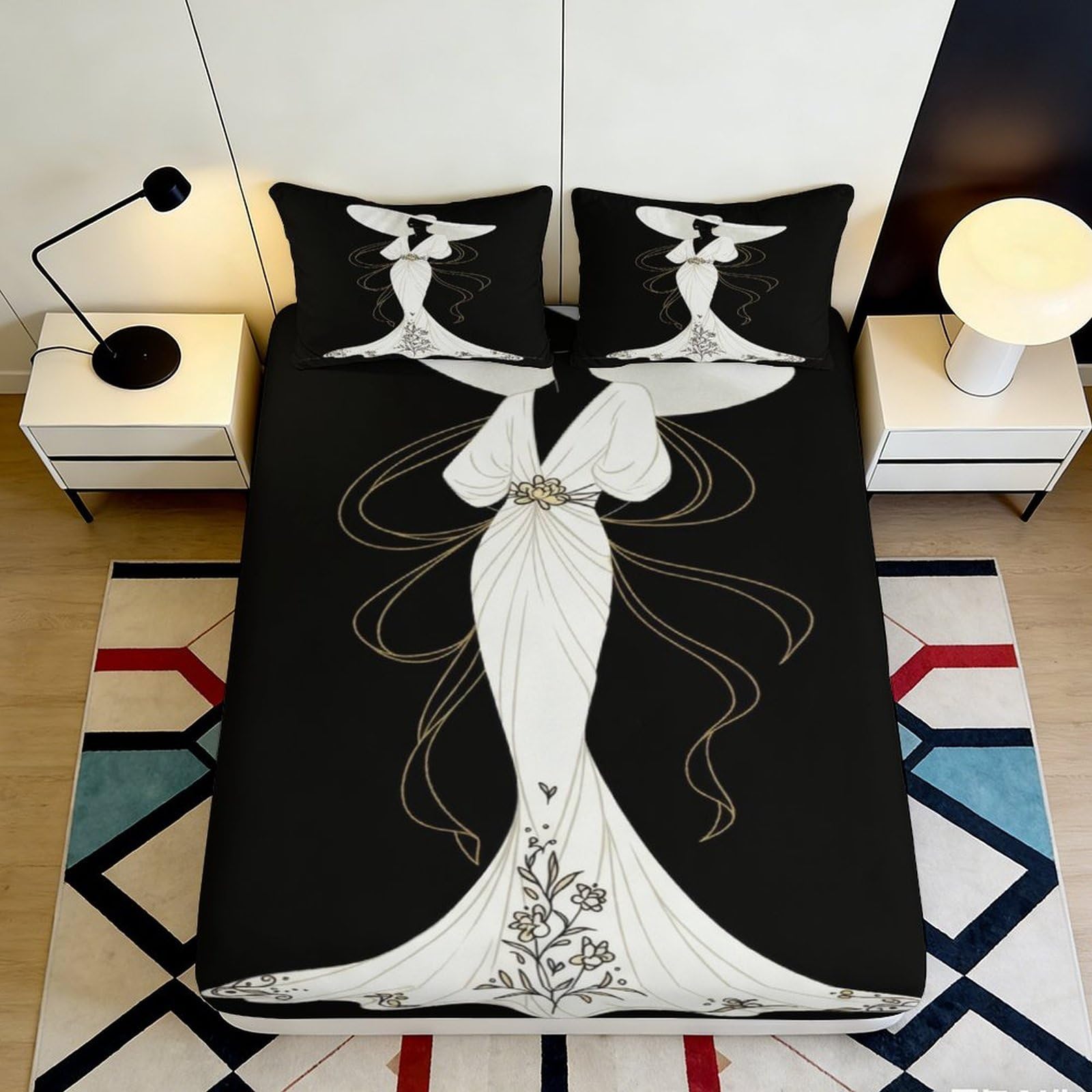 Kzqnxhjprl Style-8 3D Printed Elegant Lady Fitted Sheet Microfiber Soft Black White Artistic Bed Cover For Bedroom Dorm Mattress Protection Decor 90X200x25cm