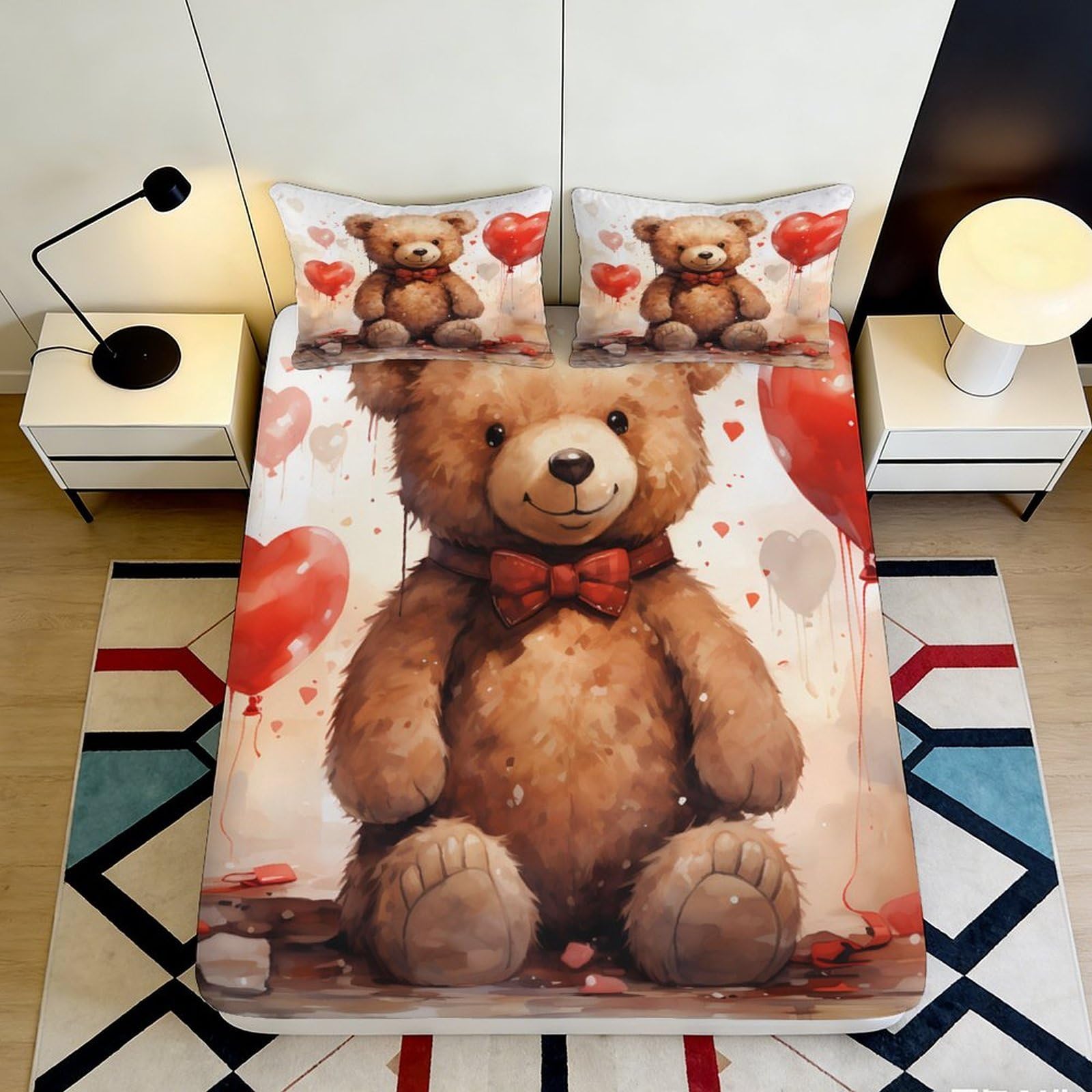 3D Printed Cute Teddy Bear Fitted Sheet Microfiber Soft Breathable Heart Balloon Bed Cover for Bedroom Dormitory Guest Room Mattress Protection Decor 120x200x25cm