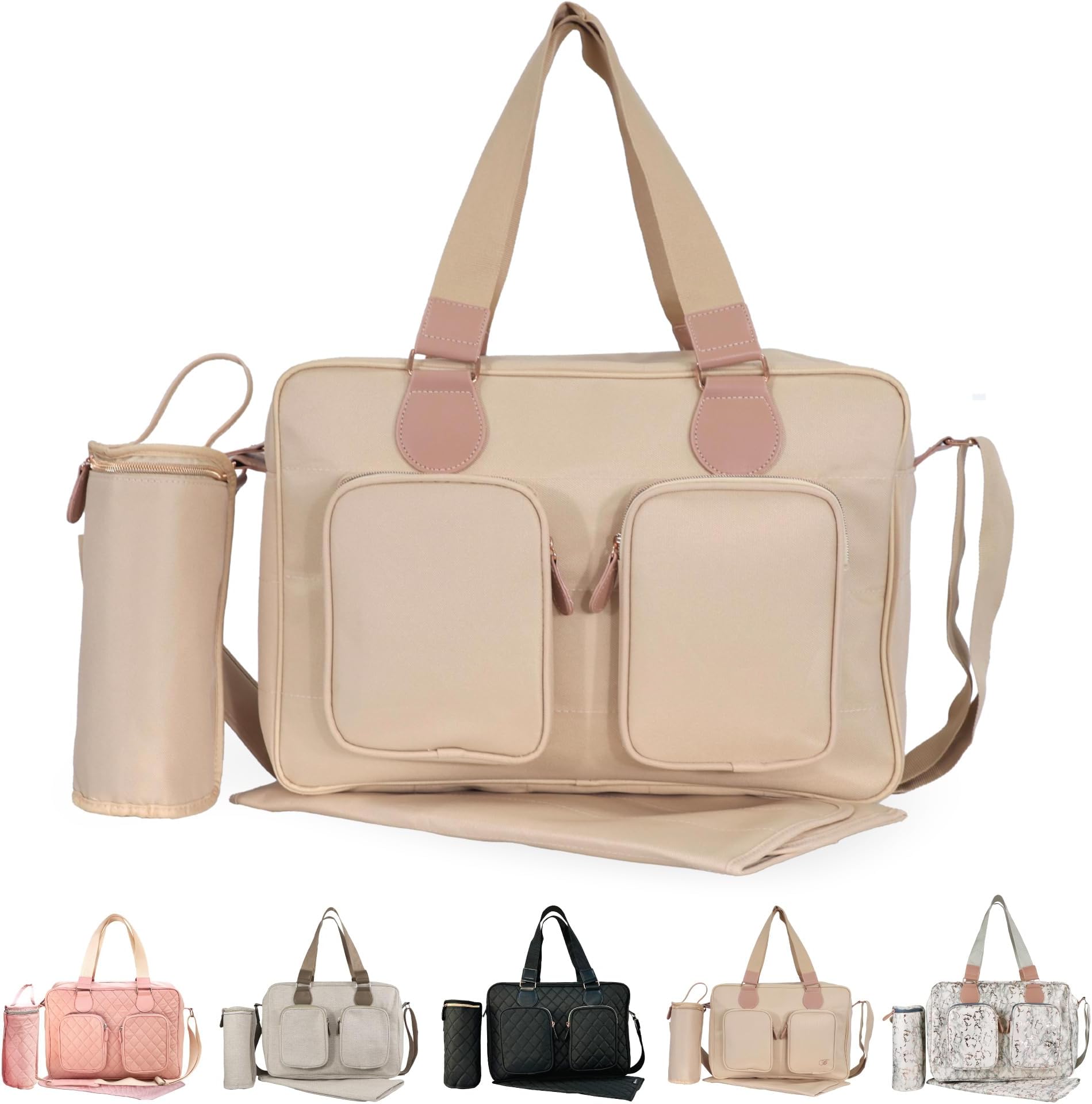 My Babiie Changing Bag Tote - With Insulated Bottle Holder, Portable Changing Mat, Baby Travel Bag, Nappy Messenger Bag, 2 Front Pockets