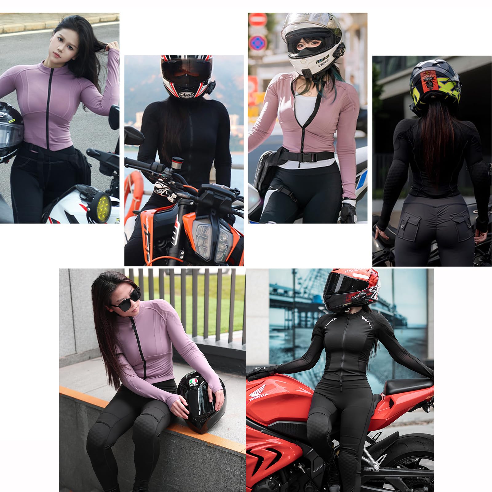 Tuta moto donna giacca protettiva e leggings corazzati alta elasticità slim fit protezioni rimovibili YKK cerniera passanti pollice abbigliamento multisport quotidiano per donna