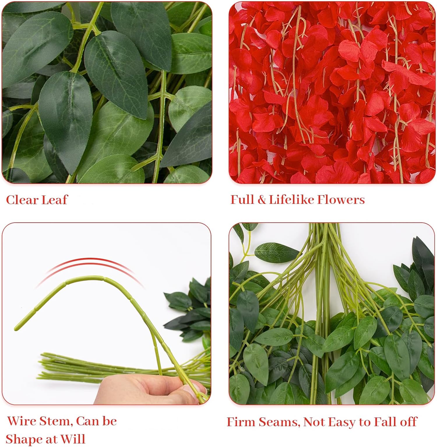 SZJH 12pcs 3.6 Feet/Piece Artificial Fake Wisteria Vine Ratta Hanging Garland Silk Flowers String Home Party Wedding Decor (Red) - Image 4