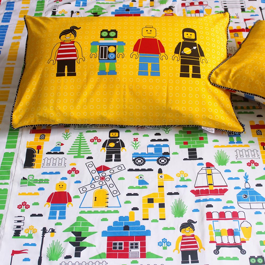 Let's Go Build 100% Cotton 250 TC Blocks Double Bedsheet with 2 Pillow Covers for Kids Room for Boys and Girls - Yellow (85 Inch x 100 Inch)-image-31