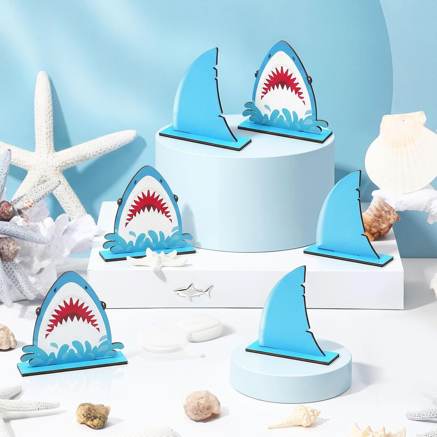 6 Pieces Shark Wooden Table Sign Centerpieces,Shark Theme Party Birthday Decorations Table Toppers for Summer Ocean Party Supplies