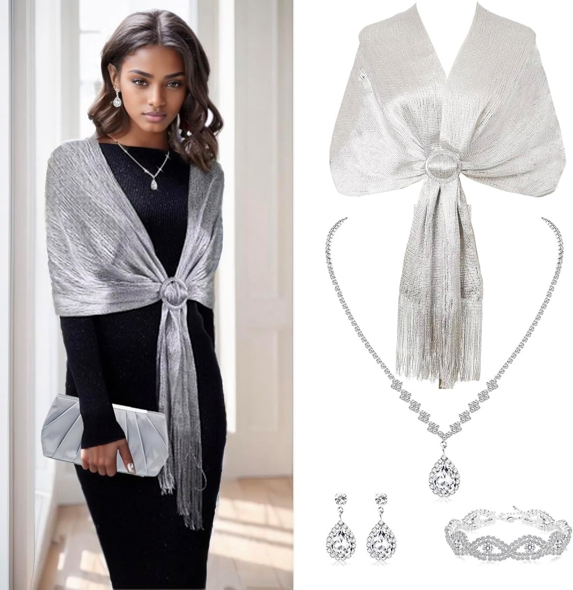 SAISI 6 Pieces Silver Shawls and Wraps Evening Handbags Rhinestone Jewelry Sets for Women Evening Dresses Bridal Weddings - Image 3