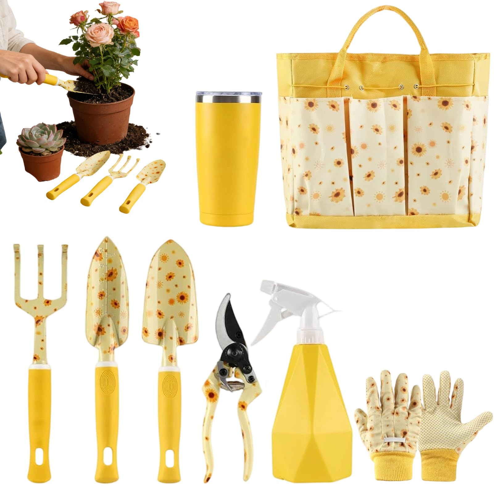 Attrezzi da Giardinaggio Manuali Robusti ed Ergonomici con Motivo Girasole | Kit con Rastrello Pala e Cesoie da Potatura Per Piantumare Diserbare Giardinieri Principianti Anziani e per Esterni