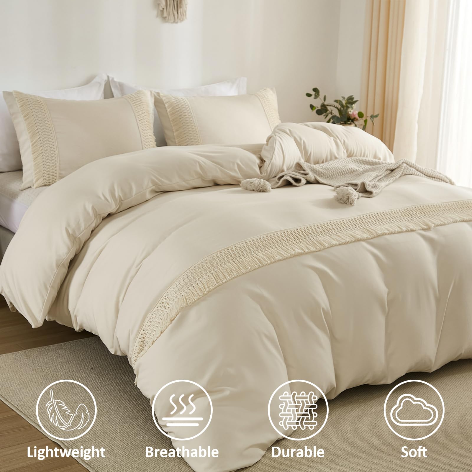 WONGS BEDDING King Size Duvet Cover Sets Tassels Bohemian Beige Bedding Set 3PCS with 2 Pillowcases Cozy Soft Microfiber Zipper Closure Boho King Size Bedding Sets for All Season (220x230cm) - Image 4